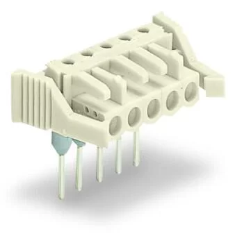 722-232/005-000/039-000 - Female connector for rail-mount terminal blocks; 0.6 x 1 mm pins; angled; 100% protected against mismating; Locking lever; Pin spacing 5 mm; 2-pole; light gray
