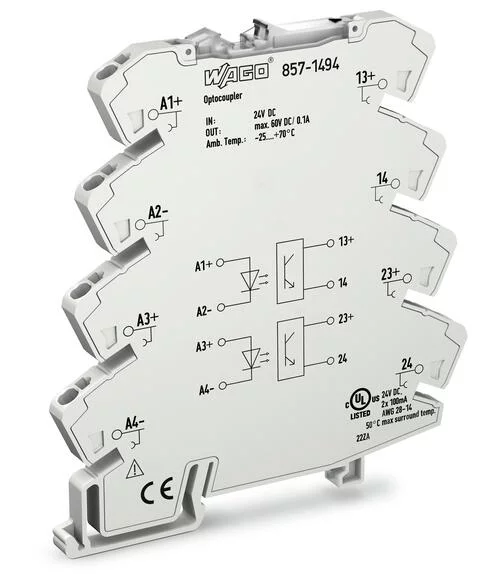 857-1494 - Optocoupler module; 2-port; Nominal input voltage: 24 VDC; Output voltage range: 9 … 60 VDC; Limiting continuous current: 0.1 A; 2-wire connection; Yellow status indicator; Module width: 6 mm