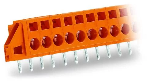 231-638/023-000 - Through-panel PCB terminal strip; angled solder pin 1x1.2 mm; 8-pole; with fixing flanges; pin spacing 5.08 mm / 0.2 in; for flush mounting; orange