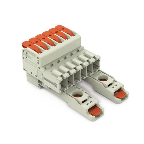 831-1206/306-000 - 1-conductor male connector; lever; Push-in CAGE CLAMP®; 10 mm²; Pin spacing 7.62 mm; 6-pole; 100% protected against mismating; DIN-35 rail/panel mounting; 10,00 mm²; light gray