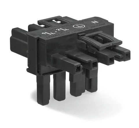 770-626 - T-distribution connector; 4-pole; Cod. A; 1 input; 2 outputs; 2 locking levers; black