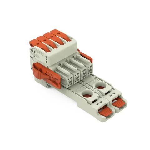 831-1104/038-000/306-000 - 1-conductor female connector; lever; Push-in CAGE CLAMP®; 10 mm²; Pin spacing 7.62 mm; 4-pole; 100% protected against mismating; Lateral locking levers; DIN-35 rail/panel mounting; 10,00 mm²; light gray