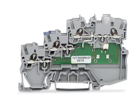 2000-5310/1102-950 - Actuator LED terminal block; yellow LED; for PNP (high side) switching actuators; with ground contact via vertical jumper; 2-pole; rail mount; 3-conductor; 7 mm wide; gray