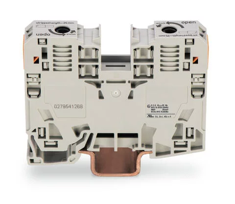 285-935 - POWER CAGE CLAMP feedthrough terminal block; suitable for Ex e II applications; DIN 35 x 15 rail mount; 2-conductor; 2 AWG; 16 mm wide; light gray