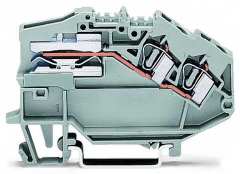 781-653 - Power distribution disconnect terminal block; angled; rail mount; 2-conductor; 6 mm wide; gray