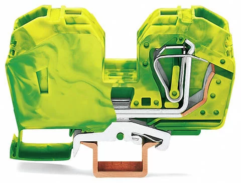 285-637/999-950 - POWER CAGE CLAMP ground terminal block; with integrated end plate; suitable for Ex e II applications; DIN 35 x 15 rail mount; 2-conductor; 2 AWG solid/stranded, 4 AWG fine-stranded; 16 mm wide; green-yellow