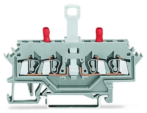 280-627 - 2-conductor disconnect/test terminal block; without pivoting knife disconnect; with touch-proof test sockets; Test socket, red; for DIN-rail 35 x 15 and 35 x 7.5; 2.5 mm²; CAGE CLAMP®; 2,50 mm²; gray