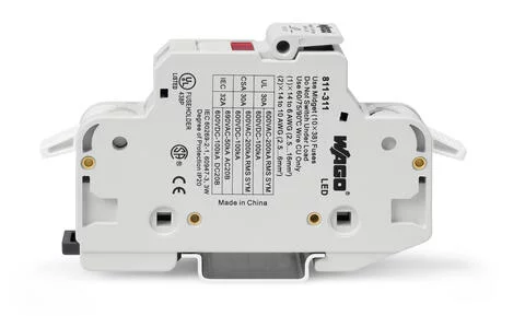 811-311 - 2-conductor fuse holder ; for cylindrical fuses 10 x 38 mm; 13/32 x 11/2; 1-pole; with blown fuse indication; 600 VAC/VDC; for DIN-rail 35 x 15 and 35 x 7.5; 16 mm²; CAGE CLAMP®; 16,00 mm²; light gray