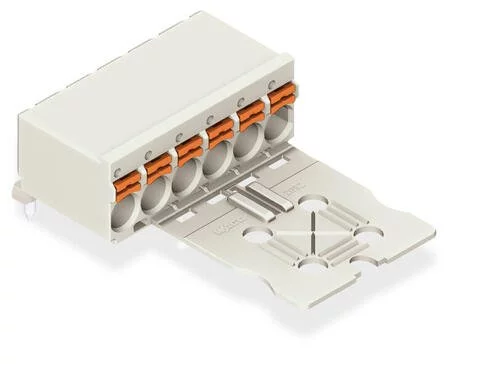 2092-1356/000-5000 - 1-conductor THT female connector angled; push-button; Push-in CAGE CLAMP®; 2.5 mm²; Pin spacing 5 mm; 6-pole; 1.4 mm Ø solder pin; Gripping plate; direct marking; 2,50 mm²; light gray