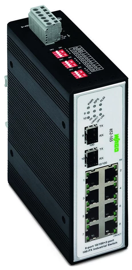 852-103/040-000 - Industrial unmanaged switch; 8 - 10/100 Mb/s RJ45 ports; 2 100 Mb/s Fiber Optic ports; extended temperature range