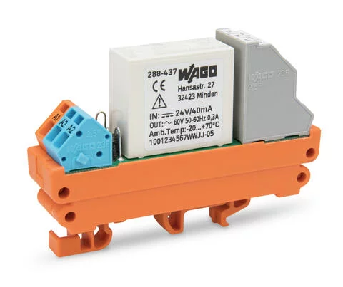 288-437 - Relay module with driven contacts; Nominal input voltage: 24 VDC; 2 changeover contacts; Limiting continuous current: 5 A; Module width: 19 mm; 2,50 mm²