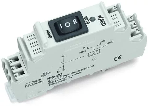 789-323 - Relay module; Nominal input voltage: 24 VDC; 1 make contact; Limiting continuous current: 16 A; for lamp loads; Manual/0FF/Auto switch; Red status indicator; Module width: 18 mm; 2,50 mm²; gray