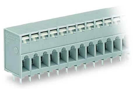 741-105 - Through-panel PCB terminal strip; 2 solder pins/pole; 5-pole; with integrated push-buttons; pin spacing 5 mm / 0.197 in; gray