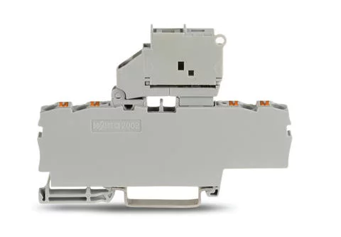2202-1811 - TOPJOB®S fuse terminal block with Push-buttons; with pivoting fuse holder for 5 x 20 mm miniature metric fuse; without LED blown fuse indication; rail mount; 4-conductor; 5.2 mm wide; gray