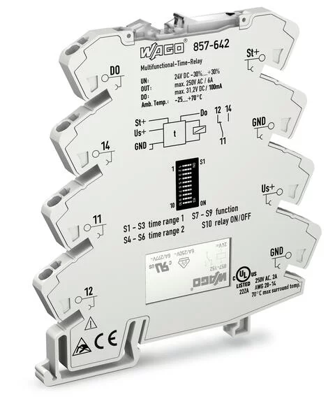 857-642 - Timer relay module; Nominal input voltage: 24 VDC; Limiting continuous current: 6 A; Railway; Multifunction/Multitime; Yellow status indicator; Module width: 6 mm