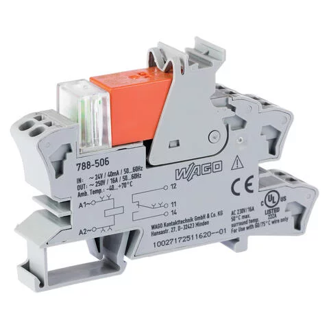 788-506 - Relay module; Nominal input voltage: 24 VAC; 1 changeover contact; Limiting continuous current: 16 A; Red status indicator; Module width: 15 mm; 2,50 mm²; gray