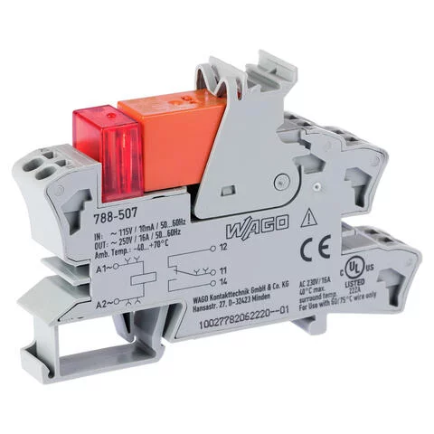 788-507 - Relay module; Nominal input voltage: 115 VAC; 1 changeover contact; Limiting continuous current: 16 A; Red status indicator; Module width: 15 mm; 2,50 mm²; gray