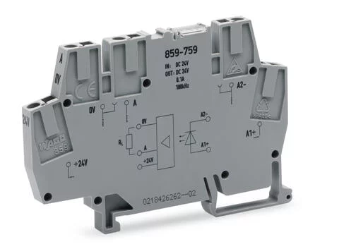 859-759 - Optocoupler module; Nominal input voltage: 24 VDC; Output voltage range: 20 … 28.8 VDC; Limiting continuous current: 0.1 A; 3-wire connection/high-side switching; Frequency: 100 kHz; Red status indicator; Module width: 6 mm 859-759 - Optocoupler module; Nominal input voltage: 24 VDC; Output voltage range: 20 … 28.8 VDC; Limiting continuous current: 0.1 A; 3-wire connection/high-side switching; Frequency: 100 kHz; Red status indicator; Module width: 6 mm