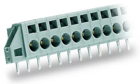 231-606/023-000 - Through-panel PCB terminal strip; angled solder pin 1x1.2 mm; 6-pole; with fixing flanges; pin spacing 5 mm / 0.197 in; for flush mounting; gray