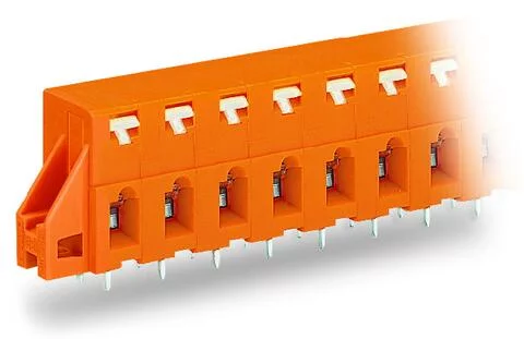 741-422 - Through-panel PCB terminal strip; 2 solder pins/pole; 2-pole; with integrated push-buttons; pin spacing 7.62 mm / 0.3 in; with fixing flanges; orange
