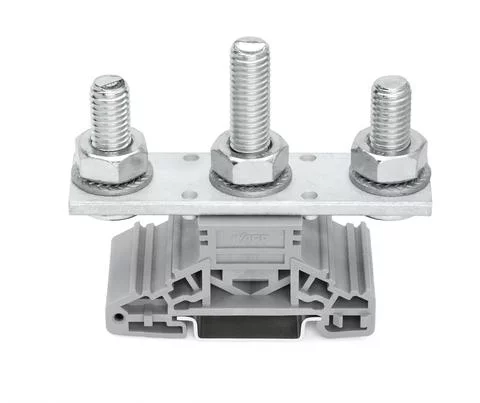 885-310 - Stud terminal block; lateral marker slots; for DIN-rail 35 x 15 and 35 x 7.5; 3 studs, M10; 120,00 mm²; gray