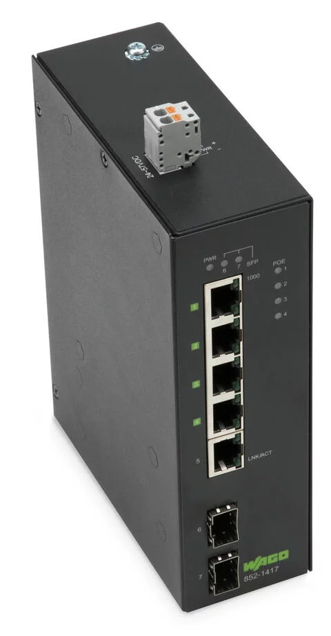 852-1417 - Industrial unmanaged ECO switch; 5 - 10/100/1000 Mb/s RJ45 ports; 2 - 1000 Mb/s Fiber Optic ports; Extended temperature range