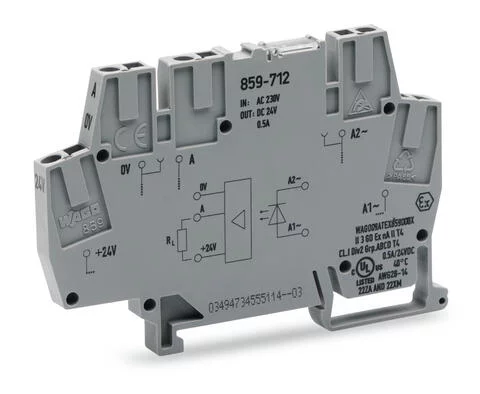 859-712 - Optocoupler module; Nominal input voltage: 230 VAC; Output voltage range: 20 … 30 VDC; Limiting continuous current: 0.5 A; 3-wire connection/low-side switching; Red status indicator; Module width: 6 mm; gray 859-712 - Optocoupler module; Nominal input voltage: 230 VAC; Output voltage range: 20 … 30 VDC; Limiting continuous current: 0.5 A; 3-wire connection/low-side switching; Red status indicator; Module width: 6 mm; gray