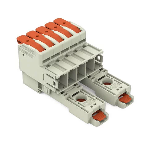 832-1205/306-000 - 1-conductor male connector; lever; Push-in CAGE CLAMP®; 16 mm²; Pin spacing 10.16 mm; 5-pole; 100% protected against mismating; DIN-35 rail/panel mounting; Silver-plated contacts; 16,00 mm²; light gray