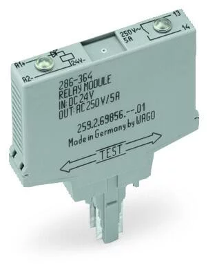 286-364/004-000 - Relay module; Nominal input voltage: 24 VDC; 1 make contact; Limiting continuous current: 3 A; Railway; Red status indicator; Module width: 10 mm; gray