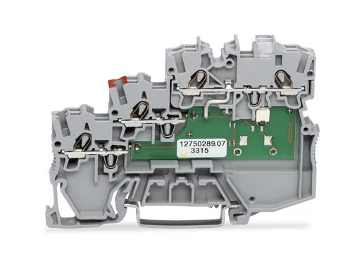 2000-5310/1101-951 - Actuator LED terminal block; yellow LED; for NPN (low side) switching actuators; with ground contact via vertical jumper; 2-pole; rail mount; 3-conductor; 7 mm wide; gray
