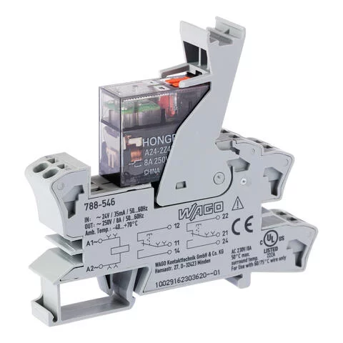 788-546 - Relay module; Nominal input voltage: 24 VAC; 2 changeover contacts; Limiting continuous current: 8 A; with manual operation; Red status indicator; Module width: 15 mm