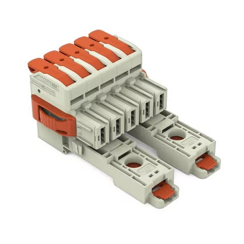 832-1105/037-000/306-000 - 1-conductor female connector; lever; Push-in CAGE CLAMP®; 16 mm²; Pin spacing 10.16 mm; 5-pole; 100% protected against mismating; Lateral locking levers; DIN-35 rail/panel mounting; Silver-plated contacts; 16,00 mm²; light gray