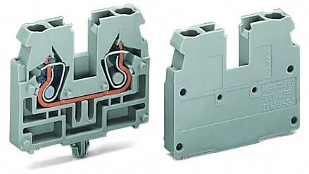 869-331 - 2-conductor end terminal block; without push-buttons; with snap-in mounting foot; 1-pole; for plate thickness 0.6 - 1.2 mm; Fixing hole 3.5 mm Ø; 2.5 mm²; CAGE CLAMP®; 2,50 mm²; gray