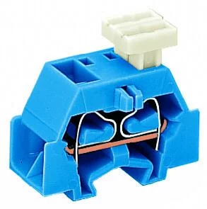 261-334/332-000 - 4-conductor terminal block; on one side with push-buttons; suitable for Ex i applications; with fixing flange; 1-pole; for screw or similar mounting types; Fixing hole 3.2 mm Ø; 2.5 mm²; CAGE CLAMP®; 2,50 mm²; blue