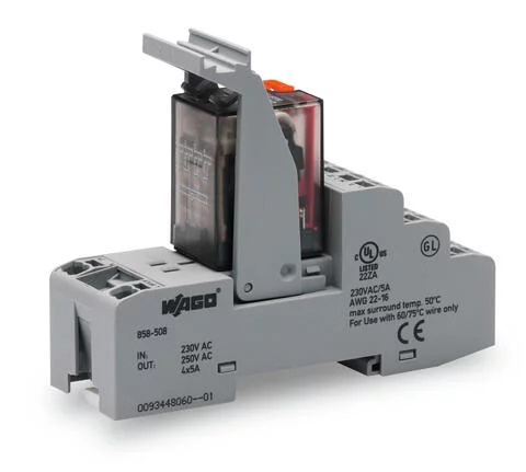 858-508 - Relay module; Nominal input voltage: 230 VAC; 4 changeover contacts; Limiting continuous current: 5 A; with manual operation; Red status indicator; Module width: 31 mm; 1,50 mm² 858-508 - Relay module; Nominal input voltage: 230 VAC; 4 changeover contacts; Limiting continuous current: 5 A; with manual operation; Red status indicator; Module width: 31 mm; 1,50 mm²