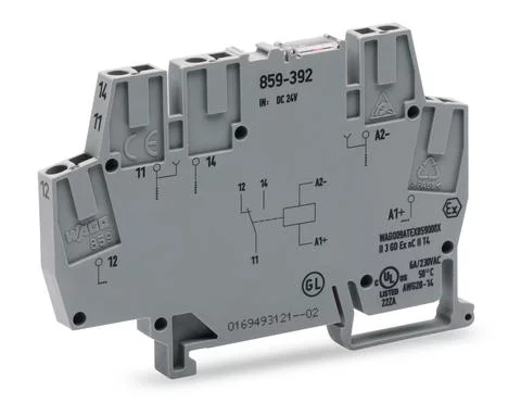 859-392 - Relay module; Nominal input voltage: 24 VDC; 1 changeover contact; with gold contacts; Railway; Red status indicator; Module width: 6 mm; 2,50 mm²; gray