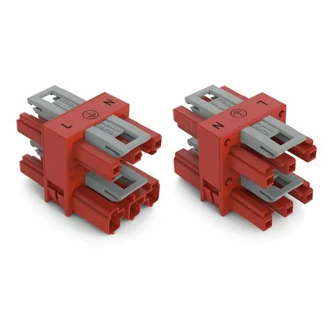 770-907 - 3-way distribution connector; 3-pole; Cod. P; 1 input; 3 outputs; 2 locking levers; red