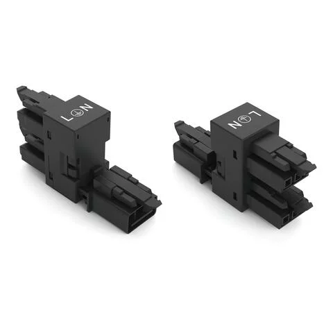 890-636 - h-distribution connector; 3-pole; Cod. A; 1 input; 2 outputs; outputs on one side; 3 locking levers; for flying leads; black