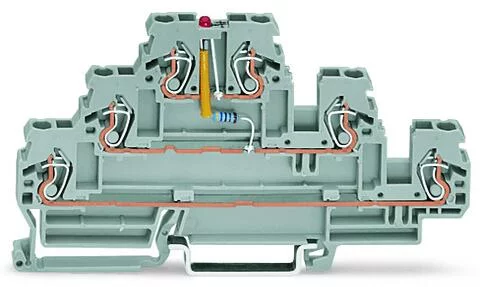 870-593/281-434 - Triple-deck LED terminal block; red LED (PN); rail-mount; 4-conductor; 5 mm wide; gray