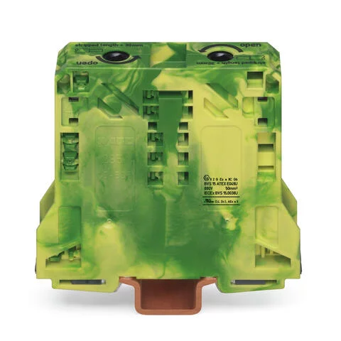 285-157/999-950 - POWER CAGE CLAMP ground terminal block; suitable for Ex e II applications; DIN 35 x 15 rail mount; 2-conductor; 1/0 AWG ; 20 mm wide; green-yellow