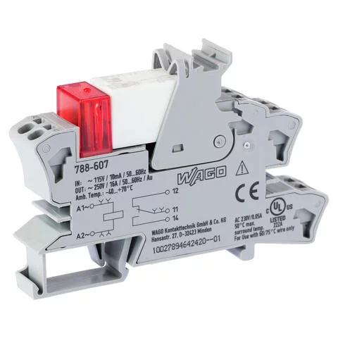 788-607 - Relay module; Nominal input voltage: 115 VAC; 1 changeover contact; Limiting continuous current: 16 A; with gold contacts; Red status indicator; Module width: 15 mm; 2,50 mm²; gray 788-607 - Relay module; Nominal input voltage: 115 VAC; 1 changeover contact; Limiting continuous current: 16 A; with gold contacts; Red status indicator; Module width: 15 mm; 2,50 mm²; gray