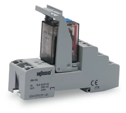 858-354 - Relay module; Nominal input voltage: 24 VDC; 4 changeover contacts; Limiting continuous current: 5 A; with manual operation; Railway; Red status indicator; Module width: 31 mm