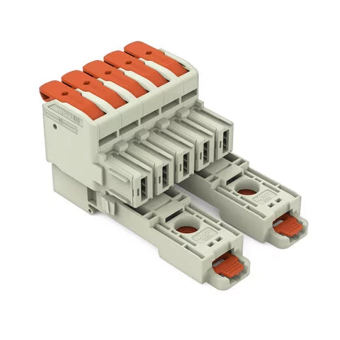832-1105/306-000 - 1-conductor female connector; lever; Push-in CAGE CLAMP®; 16 mm²; Pin spacing 10.16 mm; 5-pole; 100% protected against mismating; DIN-35 rail/panel mounting; Silver-plated contacts; 16,00 mm²; light gray