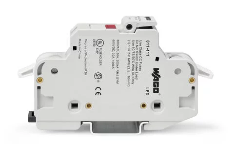 811-411 - 2-conductor fuse holder ; for Class CC cylindrical fuses; 1-pole; with blown fuse indication; 600 VAC/VDC; for DIN-rail 35 x 15 and 35 x 7.5; 16 mm²; CAGE CLAMP®; 16,00 mm²; light gray