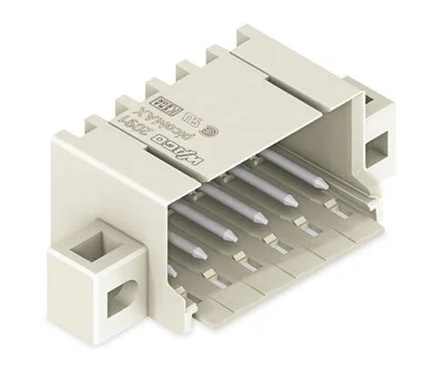 2091-1430/205-000 - THR male header; 1.0 mm Ø solder pin; angled; clamping collar; Pin spacing 3.5 mm; 10-pole; light gray