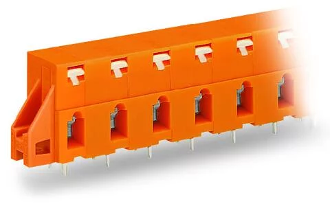 741-626 - Through-panel PCB terminal strip; 2 solder pins/pole; 6-pole; with integrated push-buttons; pin spacing 10.16 mm / 0.4 in; with fixing flanges; orange