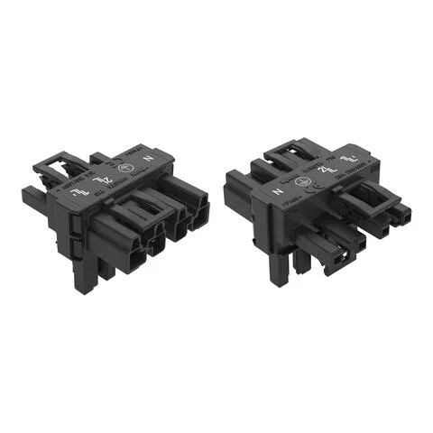 770-627 - T-distribution connector; 4-pole; Cod. A; 1 input; 2 outputs; 3 locking levers; for flying leads; black 770-627 - T-distribution connector; 4-pole; Cod. A; 1 input; 2 outputs; 3 locking levers; for flying leads; black