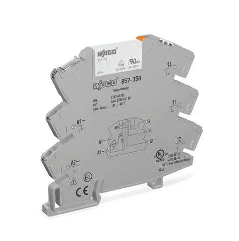 857-358 - Relay module; Nominal input voltage: 230 V AC/DC; 1 changeover contact; Limiting continuous current: 6 A; Yellow status indicator; Module width: 6 mm; 2,50 mm²; gray