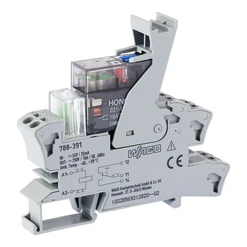 788-391 - Relay module; Nominal input voltage: 24 VDC; 1 changeover contact; Limiting continuous current: 16 A; with manual operation; Railway; Red status indicator; Module width: 15 mm