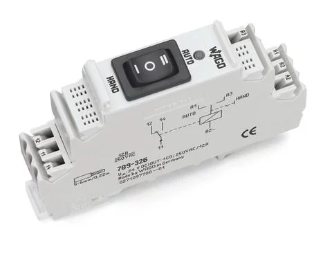789-326 - Relay module; Nominal input voltage: 24 VDC; 1 changeover contact; Limiting continuous current: 12 A; for lamp loads; Manual/0FF/Auto switch; Red status indicator; Module width: 18 mm